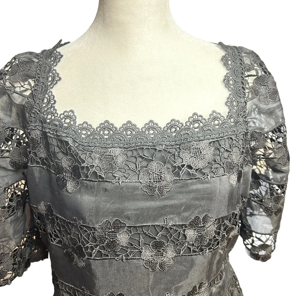 Lulus Black Lace Mini Dress Large Square Neck Puff Sleeve Romantic Cocktail